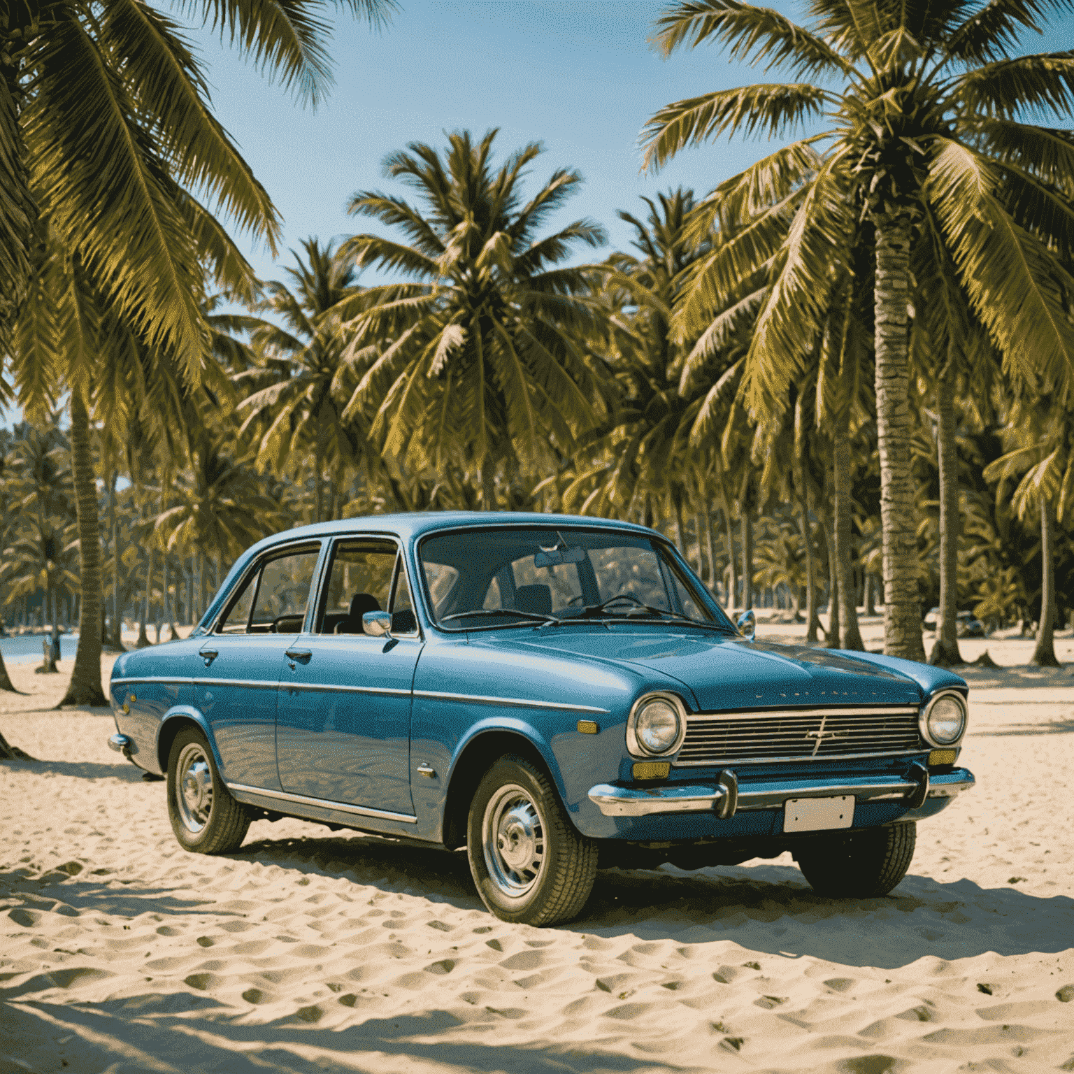 Een auto geparkeerd op een zonnig strand, omringd door palmbomen, symboliserend zomerse autoverzekering