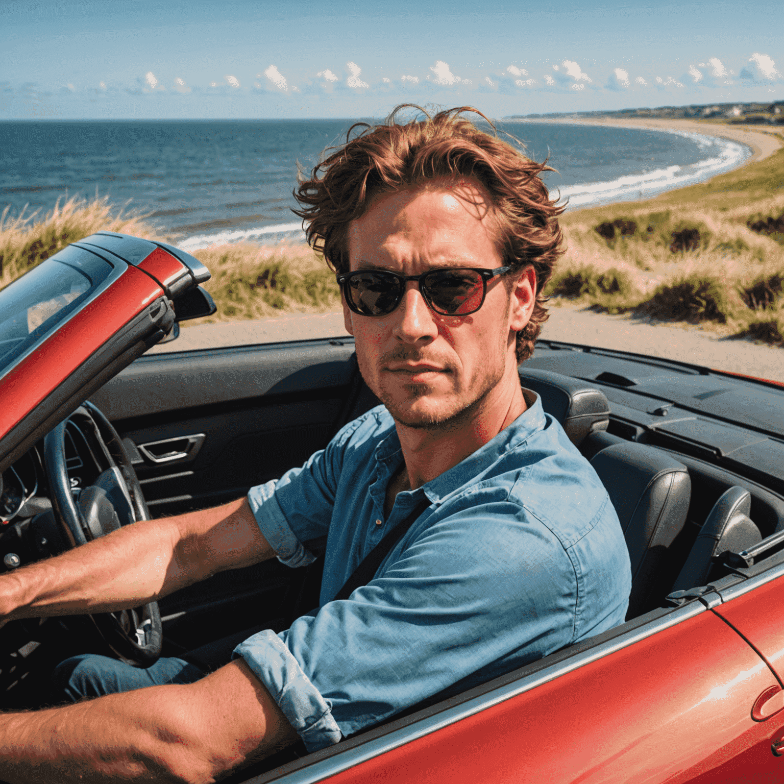 Een rode cabriolet rijdend langs de Nederlandse kust op een zonnige dag, met de bestuurder die geniet van de wind in zijn haar