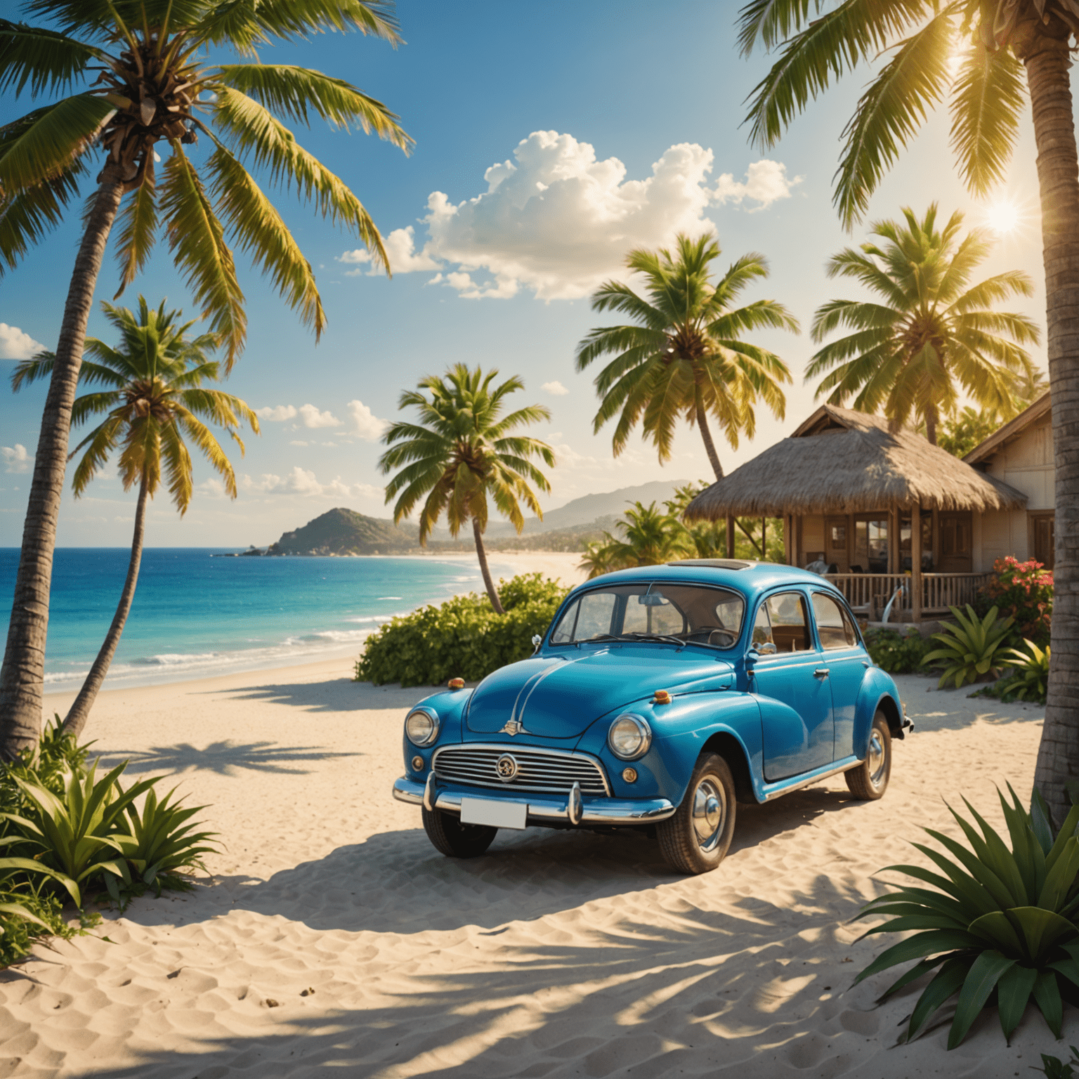 Een zomerse scène met een auto geparkeerd bij een strand, omringd door palmbomen en een stralende zon, wat de sfeer van seizoensgebonden autoverzekering symboliseert