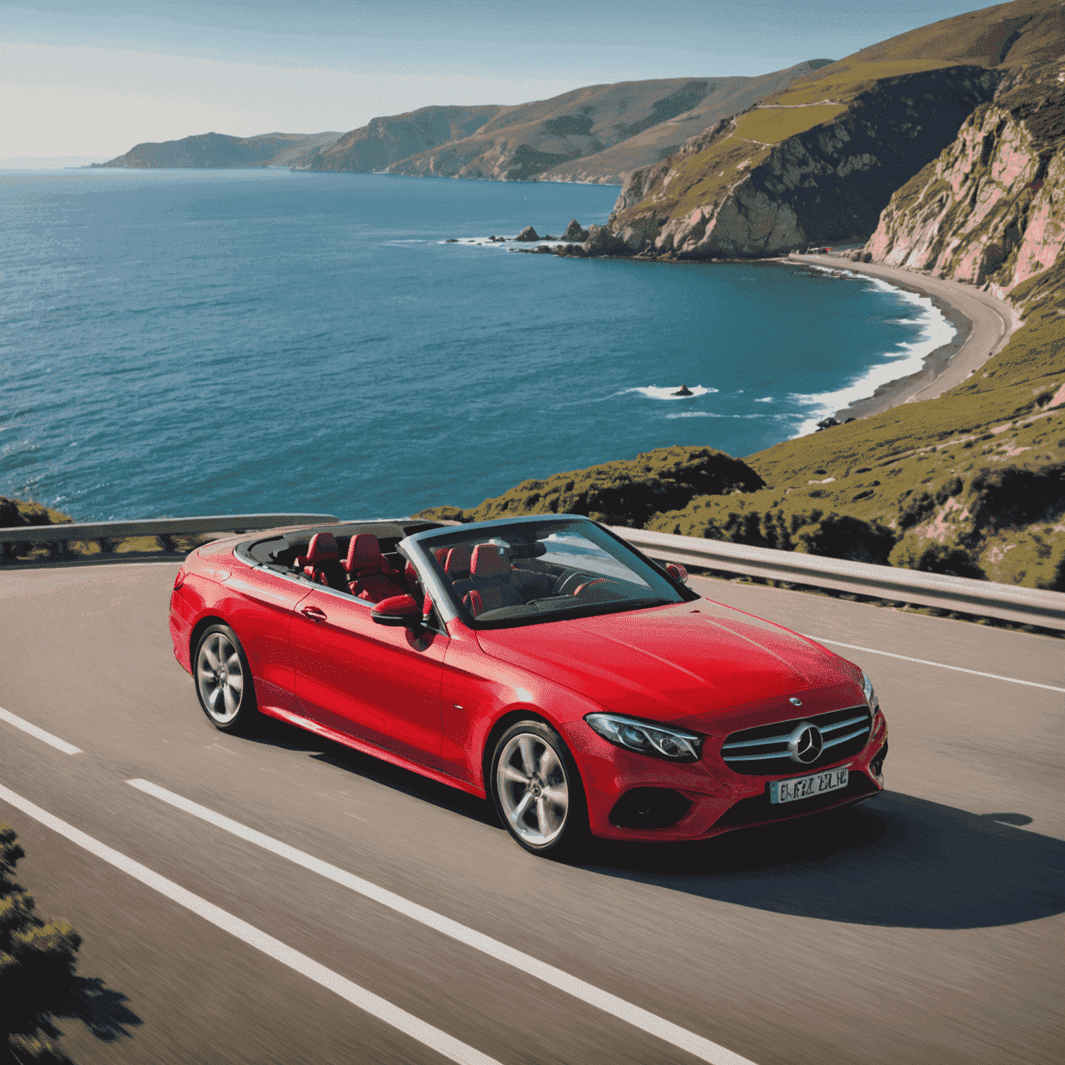 Een rode cabriolet rijdend op een kustweg met de zee op de achtergrond, symboliserend cabriolet verzekering